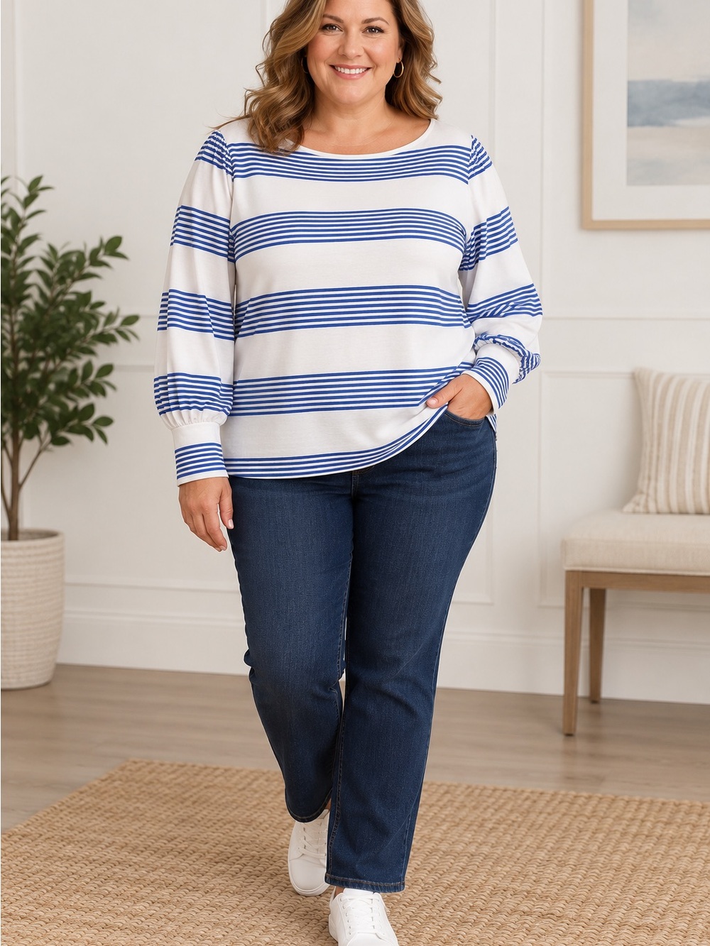 NWT Talbots Plus 2X Blue White Striped Top Wide Cuff Long Sleeve Bateau Neck